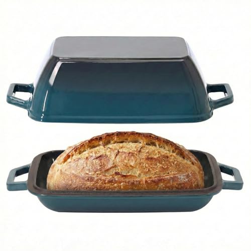 Flavehc Oval Cast Iron Dutch Oven for Bread Baking 12x8 Inch Enameled Bread Pan with Lid 6QT Cast Iron Bread Dutch Oven for Sourdough，DarkCyan