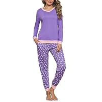 Irdcomps Pigiama Donna Invernale Cotone Pigiami da Donna Invernali Lungo Set Due Pezzi Pigiama da Notte Leggero Sleepwear Viola L