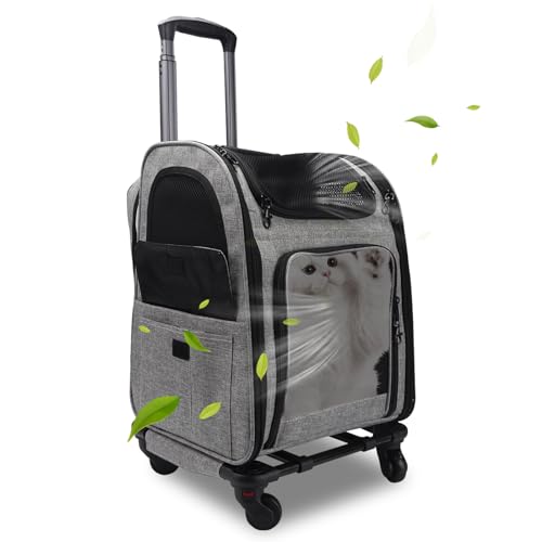 Trolley Stil Erweiterbar Katzenrucksack, Transportbox Katze mit Rädern 360° Drehbar Atmungsaktives Mesh Hunderucksack Katzenrucksack mit Trolley für kleine Hunde und Katzen bis 15 KG
