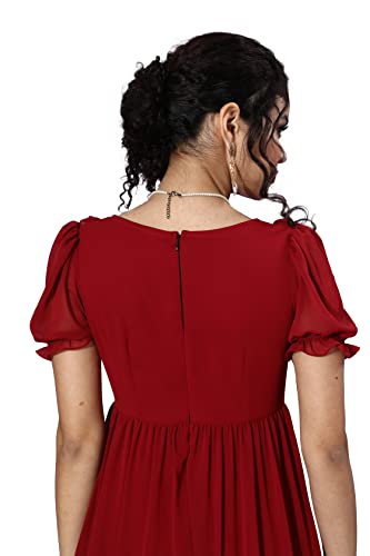 Image of Miss Chase Women's Maroon V-Neck Puff Sleeve Solid Tiered Ankle-Length Dress