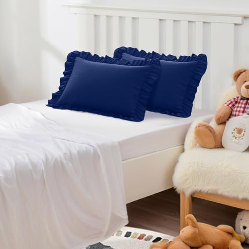 Image of 13 inchx18 inch Toddler Pillow Cases Set of 2, Navy Blue Ruffled Pillow Shams Brushed Microfiber Nursery Pillow Cover for Boys Girls, Soft Breathable Machine Washable