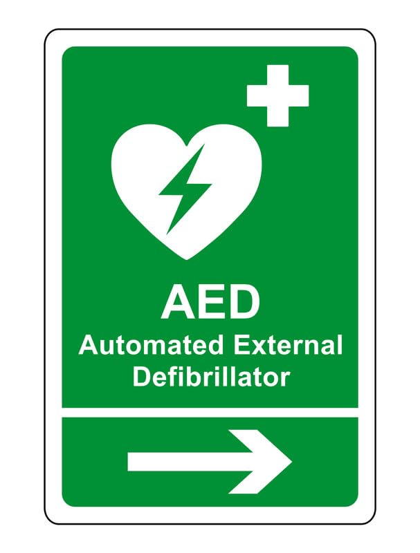 Señal de seguridad AED – Señal de emergencia con flecha de desfibrilador externo automatizada – Adhesivo autoadhesivo de alta adherencia (300 mm x 200 mm) Distancia de visualización dentro de 7 m.