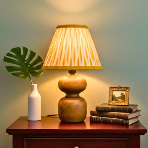 Image of The Decor Mart Printed Shade Table Lamp with Wooden Base|Sleek Decor Decorative Beside Light for Desk,Bedroom, Living Room, Home Office and Hotel(20x20x30 cm) (Yellow)
