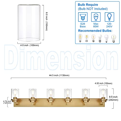 Image of MELUCEE 6-Light Vanity Lights for Bathroom 45.3 Inches Length, Modern Bathroom Light Fixtures Wall Mount with Clear Glass Shade for Vanity Table /Over Sink /Kitchen, E26 Base
