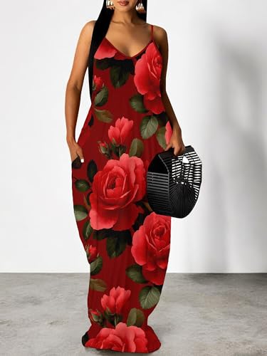 Image of Women Spaghetti Strap Maxi Dress with Pockets | Soft fabric relaxed fit sleeveless v neck with pockets for party and daily wear