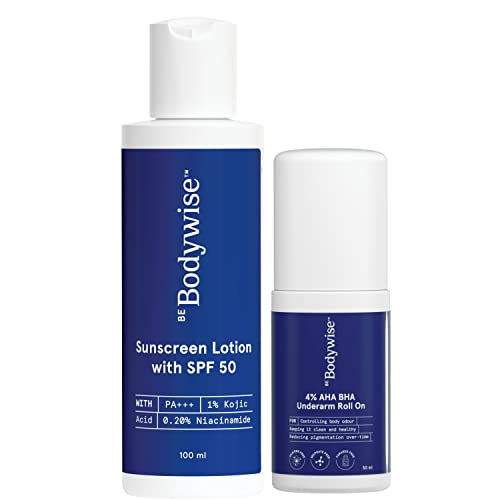 Image of Be Bodywise Summer Essential Kit | Includes Sunscreen Lotion with SPF 50 PA+++ & Underarm Roll On | 1% Kojic Acid, 0.20% Niacinamide & 4% AHA BHA | Prevents Tan, Odour & Fades Pigmentation | 150ml