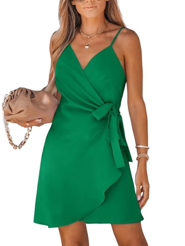 Image of CUPSHE Women Spaghetti Strap Summer Dress Surplice V Neck Wrap Waist Tie Casual Beach Sundress Holiday Vacation Mini Dress