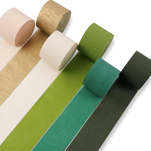 Image of PartyWoo Crepe Paper Streamers 6 Rolls 492ft, Pack of Dark Green, Green, Light Green, White Sand and Gold Party Streamers for Birthday Party Decorations, Wedding Decorations (1.8 Inch x 82 Ft /Roll)