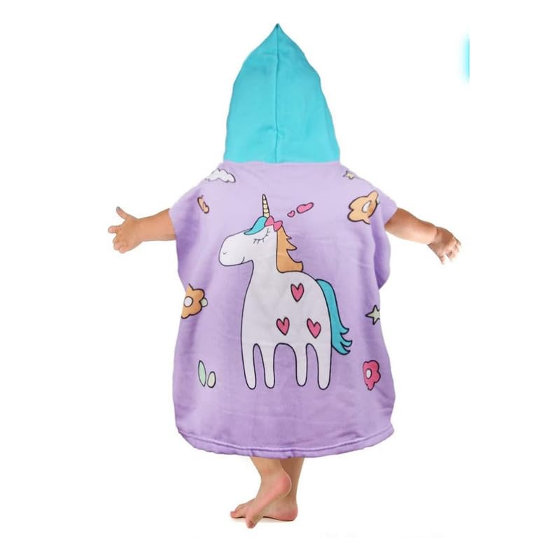 Image of Famyo Purple Unicorn Poncho Towel for Kids | Hooded Bath Towels | 60 x 60cm Toddler Pool Towel for Boys & Girls, 1-7 Years | Cute & Cozy Bathrobe Alternative