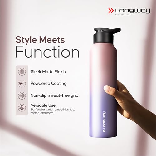Image of Longway Rush 1 LTR Stainless Steel Water Bottle | Leak-Proof & Rust-Free Design | Perfect for School, Office, Home, Gym, Travel & Ideal for Men, Women & Kids (1000 ml, Aqua-Rose).