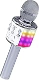 OVELLIC Karaoke Microphone for Kids, Wireless Bluetooth Karaoke Microphone with LED Lights, Portable Handheld Mic Speaker Machine, Great Gifts Toys for Girls Boys Adults All Age (Silver)