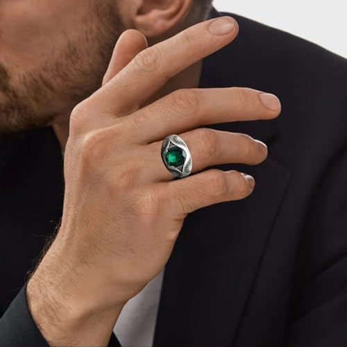 2CT Silver Emerald Ring for Men S925 Sterling Silver Oxidized Handmade Turkish Men's Ring Customized Name Green Gemstone Ring for Men Husband Engagement Wedding Size 4-162