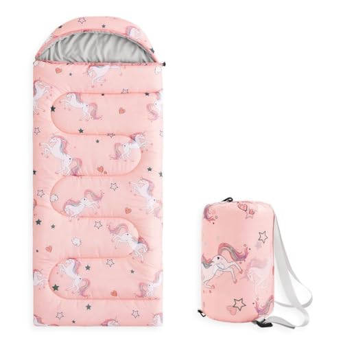 Wake In Cloud - Bolsa de dormir para niños con diseño de unicornio, tamaño estándar 61x26 pulgadas, rectangular, para 3 temporadas, poliéster, color rosa claro