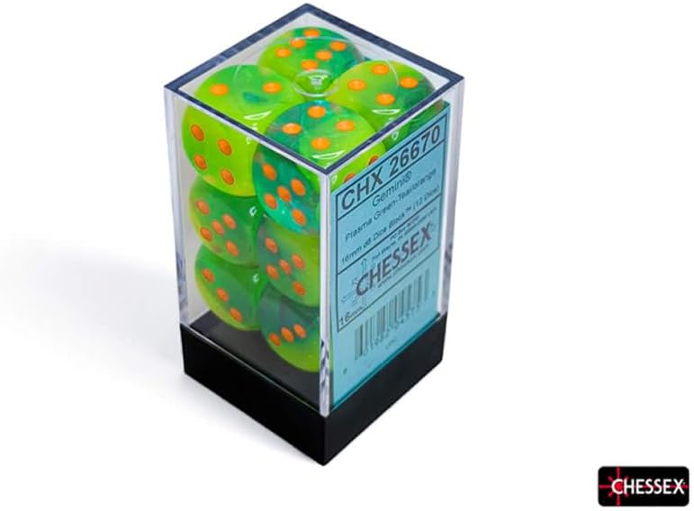 Plasma Green and Teal Gemini Luminary Dice with Orange Pips D6 16mm (5/8in) Pack of 12 Chessex