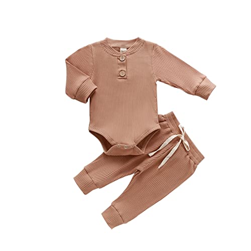 Image of CIYCUIT Newborn Baby Boy Clothes Ribbed Knit Long Sleeve Bodysuit Pants 2-Piece Fall Winter Outfits