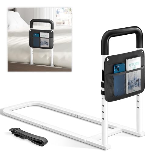 Rieles de cama para adultos mayores, barandilla ajustable de diseño de tubo plano para personas mayores con bolsillo de almacenamiento y asa antideslizante para entrar y salir de la cama, soporta
