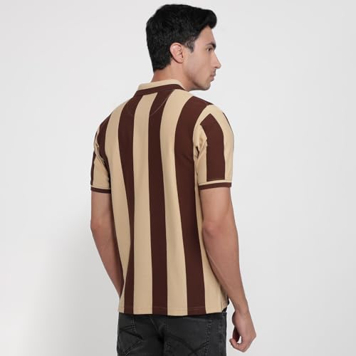 Image of Raymond Men Modern Fit Stripe Pattern Pure Cotton Polo Neck Half Sleeve Casual T-Shirt