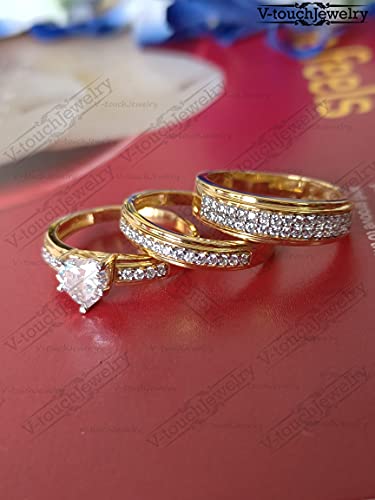 Stunning Heart Shaped 2.80cttw Cubic Zirconia CZ Engagement Ring Trio Bridal Set for Him & Her 14k Yellow Gold Over .925 Sterling Silver3