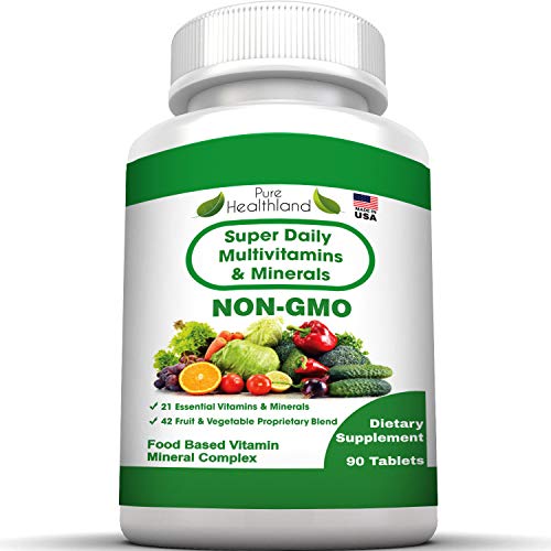 Non GMO Super Daily Multivitamin Supplement Tablets Best for Adult Men Women Seniors with 42 Natural Fruits Vegetables Blend, 21 Essential Vitamins Minerals. 90 Tablets. Vegan Coating Made in USA