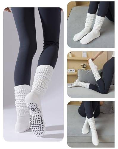 Image of Yawlsow Pilates Socks with Grips for Women Yoga Ruffle Grippy Non Slip Long Slouchy Scrunch Socks for Barre Workout Hospital
