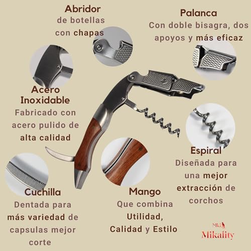 MIKALITY Abridor De Vino con funda, Sacacorchos Camarero, De Acero Inoxidable y Madera, Cuchilla, Abrebotellas, Accesorios De Vino profesional, Regalos, Cocina y Bar - imagen 5