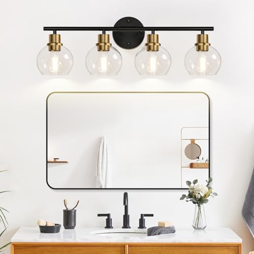 Image of Indoi 4-Light Bathroom Light Fixtures, Black and Gold Bathroom Lights Over Mirror with Clear Glass Globe Shade, Vanity Lights for Bathroom Kitchen Living Room Hallway Cabinet Bedroom Porch