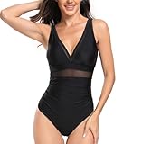 Effnny Einteilige Badeanzüge V-Ausschnitt Badeanzug Sommer Bademode Aushöhlen Schwimmanzug Monokini Swimsuit für Damen (S, Black)