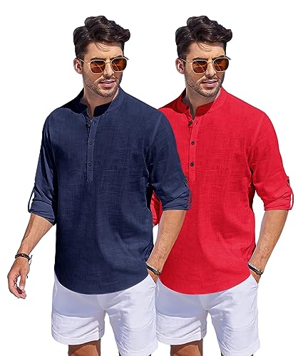 Image of Bellstone Men's Cotton Blend Straight Kurta Shirt Combo with Mandarin Collar - Slim Fit Casual Short Kurti Set Featuring Textured Slub Fabric and Roll-Up Full Sleeves