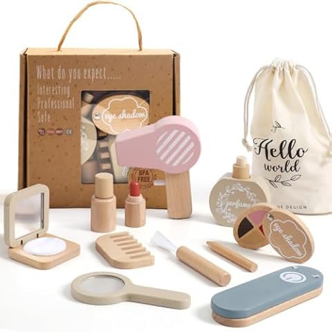OESSUF Wooden Makeup Toy Sets for Girls, Toddlers Fake Makeup Kit, Pretend Wood Beauty Salon Toys for Kids Little Girls Princess, Christmas Birthday Gift Toy for 3 4 5 6 7 8 9 10 Year Old Cover