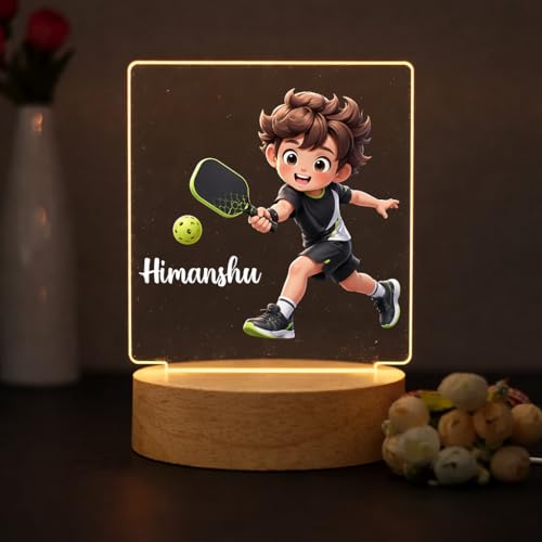 Image of SNAPTRAP Personalized Pickleball LED Lamp with Name for Boys | Custom Acrylic Night Lamp with Wooden Base | Sports Gift for Kids, Boys & Men | USB Powered Bedroom & Desk Decor Light