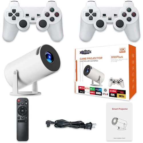 X10 Plus Retro Game Console with Projector 4K HD Portable Projector with 10000+ Games Plug and Play TV Video Game Stick Android TV 11.0 WiFi Smart Projector with 2.4g Wireless Controllers