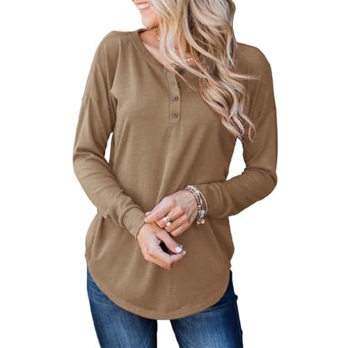 Topstype Womens Henley Tops Long Sleeve Shirts Thermal Pullover Casual Loose Fit Henley Neck Tunics