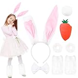IWOLOMI 8 Pcs Halloween Bunny Costume for Kids, White Bunny Costume Ears Headband, Bowtie, Stockings, Tail, Carrot Bag and Plush Hair Ring for Cosplay Accessories Halloween Party Supplies