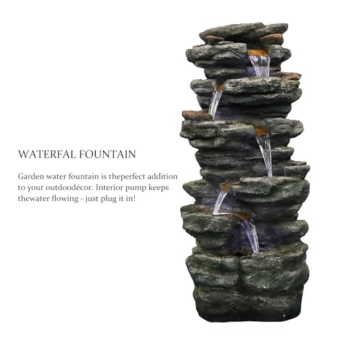 Image of SunJet 40 inch High 6-Tiers Cascading Rock Outdoor Water Fountain with LED Lights - Large Outdoor Fountains and Waterfalls for Garden or Patio, Yard, and Deck Decor, Featuring Natural Stone Look