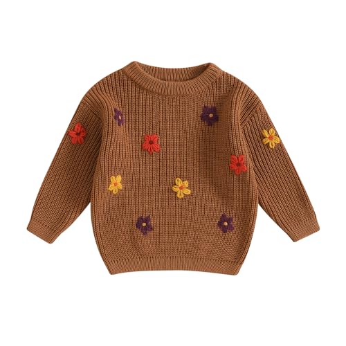 Image of Pivanzore Baby Girl Boy Toddler Knit Sweater Cute Flower Round Neck Long Sleeve Pullover Oversized Sweatshirt Winter Warm Top
