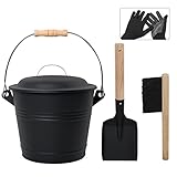 BRIAN & DANY Ascheeimer mit Deckel, Runder Kohleeimer für Kamine, 5L Eimer mit Schaufel und Handbesen, Werkzeugset Zubehör für Kamin, Feuerstelle, Holzofen