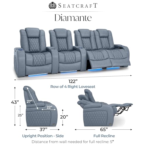 Image of Seatcraft Diamante Smokey Blue Italian Leather Home Theater Seating, Zero Gravity Power Recliner, Gaming and Home Office Chair, Powered Headrest Furniture for Cinema Room, Row of 4 Right Loveseats