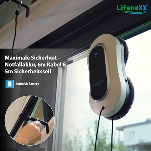 Lifenaxx Fortschrittlicher Fensterreinigungsroboter LX-055, elektrischer Fensterreiniger mit 2 Sprühdüsen, hohe Saugkraft, großer 70-ml-Wassertank, Fernbedienung – ideal für Fenster, Fliesen, Spiegel
