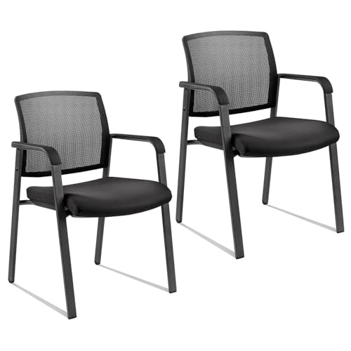 Image of CLATINA Guest Reception Stacking Office Chairs with Arm, Mesh Back Waiting Room Chair with Upholstered Fabric Seat and Ergonomic Lumbar Support for Office Conference School Church, Black-2 Pack