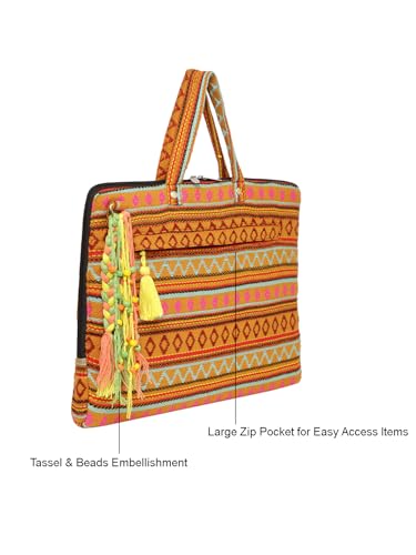 Image of The House of tara Office Laptop Bag for Women 13.3 And 15.6 Inch | Ideal For Office & Travel | Multicolour Embellished Handloom Fabric | MacBook Messenger Business Bag for ladies
