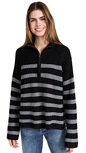 English Factory Women's Striped Knitted Half Zip Up Sweater, Black/Grey Stripe, S #TOP7