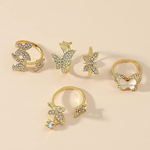 5 Pcs Butterfly Statement Rings Set for Women Girls Wedding Promise Engagement Cubic Zirconia Gold Plated Open Band Knuckle Rings Comfort Fit Fashion Christmas Birthday Jewelry Gifts3