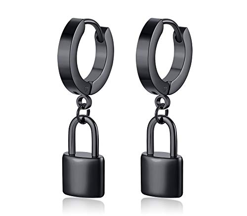 316L Stainless Steel Black Ion Plated Love Lock Earrings Punk Chic Padlock Drop Earrings Padlock Charm Huggie Hoop Earrings for Women Men Girl
