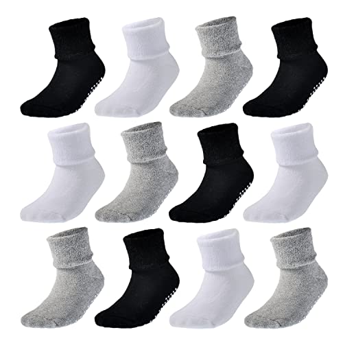 EPEIUS Baby Socks Thick Warm Turn Cuff Socks Toddler Non-slip Socks Soft Cotton Crew Socks with Grips Kids Boys Girls Black White Grey 12 Pack (Size S)