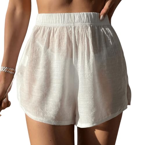 SweatyRocks Women's Elastic Waist Sheer Bikini Bottom Split Hem Solid Cover Up Beach Shorts