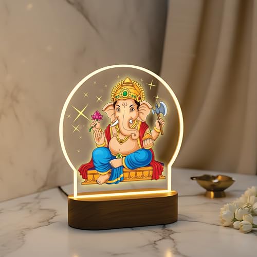Image of Giftplease Lord Ganesha LED Night Light - Warm Yellow Glow Table Lamp - Divine Ganpati Decor for Pooja Room, Office Desk & Gifting - Elegant Silhouette Lamp GL 03