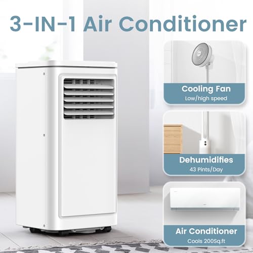 8000 BTU Portable Air Conditioners for Room up to 350 Sq. Ft, 3-in-1 Mini AC Unit for Bedroom with Dehumidifier & Fan Mode, Remote Control, Sleep Mode, 24H Timer