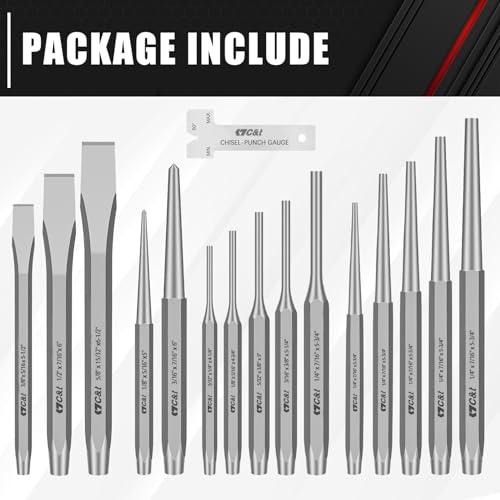 image for C&T 16-Piece Punch and Chisel Set With Storage Pouch, Including Taper,