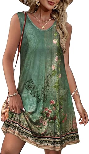 Image of elescat Womens Summer Dresses Casual V Neck Sleeveless Pockets Beach Loose Tank Sundress 2026
