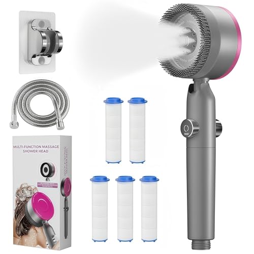 Alcachofa de Ducha Alta Presión con Filtro Antical,Cabezal de Ducha 4 Modos con Función de Masaje,Ahorro de Agua,Kit con Manguera 1.5M,5 Filtros y Soporte,Botón de Parada ON/OFF,Ajuste Estándar